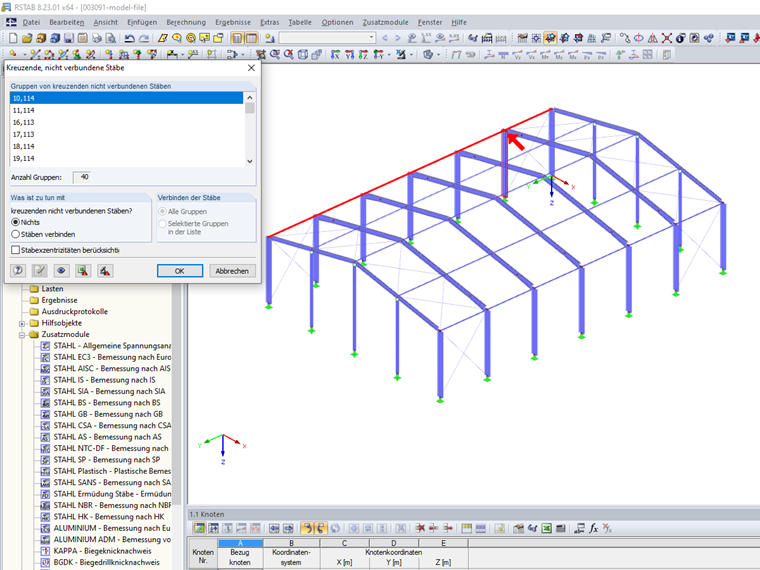 Modellkontrolle auf kreuzende, nicht verbundene Stäbe