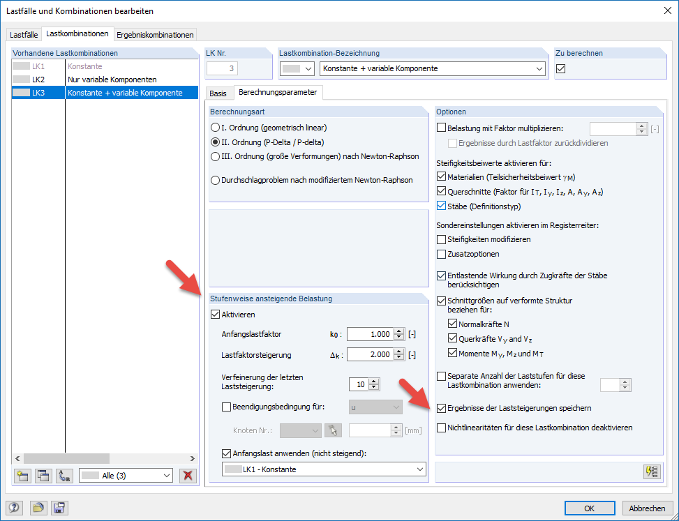 Stufenweise ansteigende Belastung in Lastfällen und Lastkombinationen