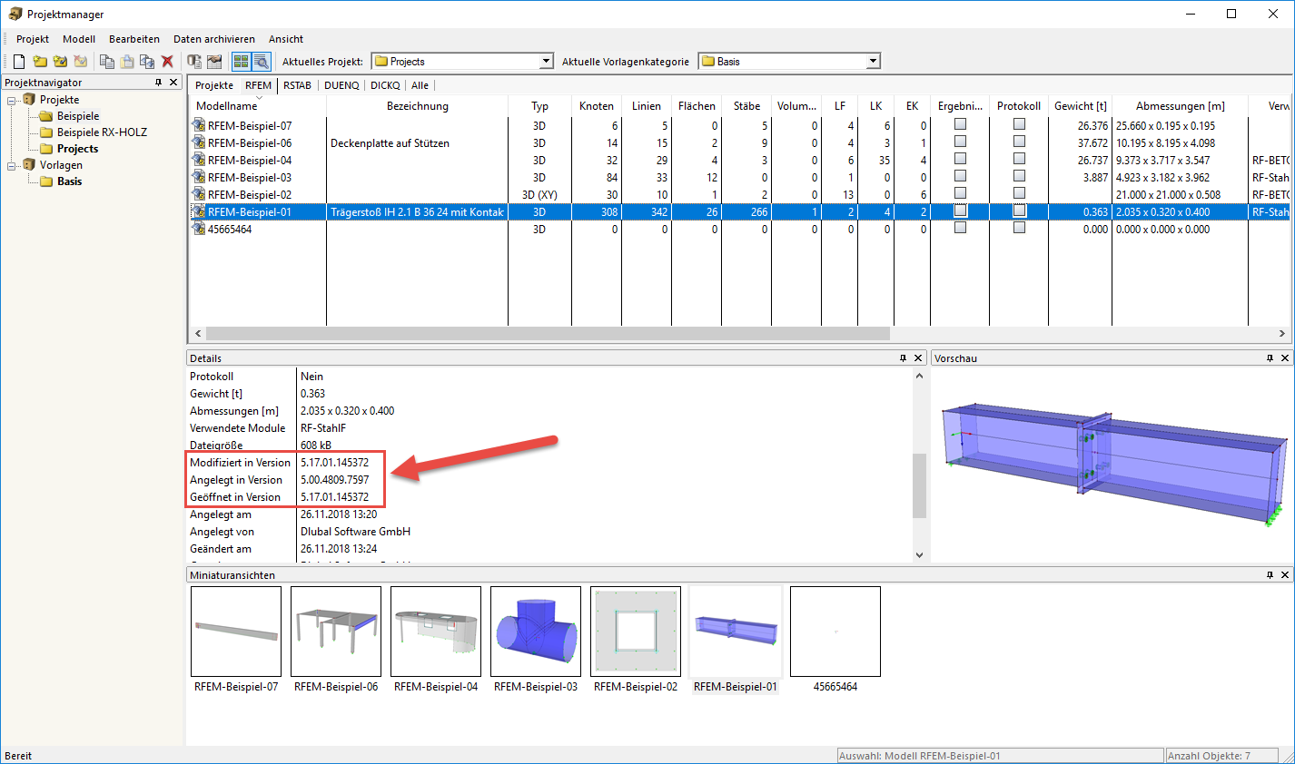 Versionsnummer im Projektmanager