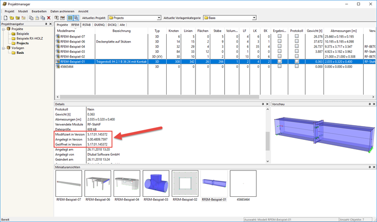 Versionsnummer im Projektmanager