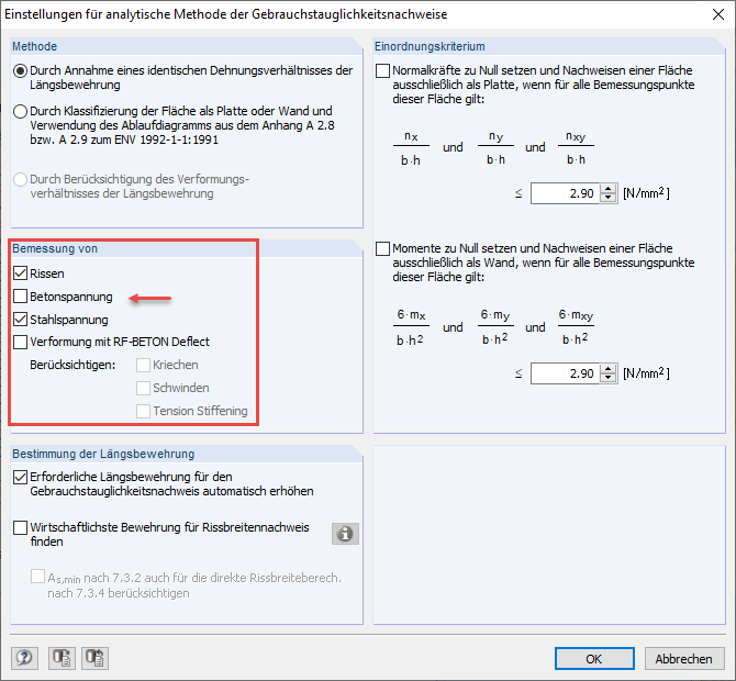 Einstellung für die Ermittlung der Betonspannung