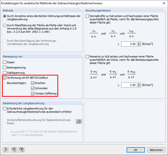 Einstellungen für die analytische Verformungsberechnung mit RF-BETON Deflect
