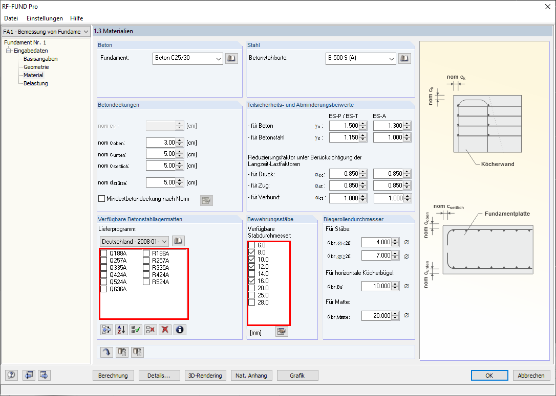 Dialog "1.3 Materialien" mit Auswahl der möglichen Bewehrung