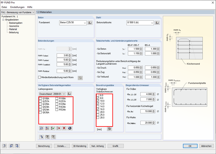 Dialog "1.3 Materialien" mit Auswahl der möglichen Bewehrung