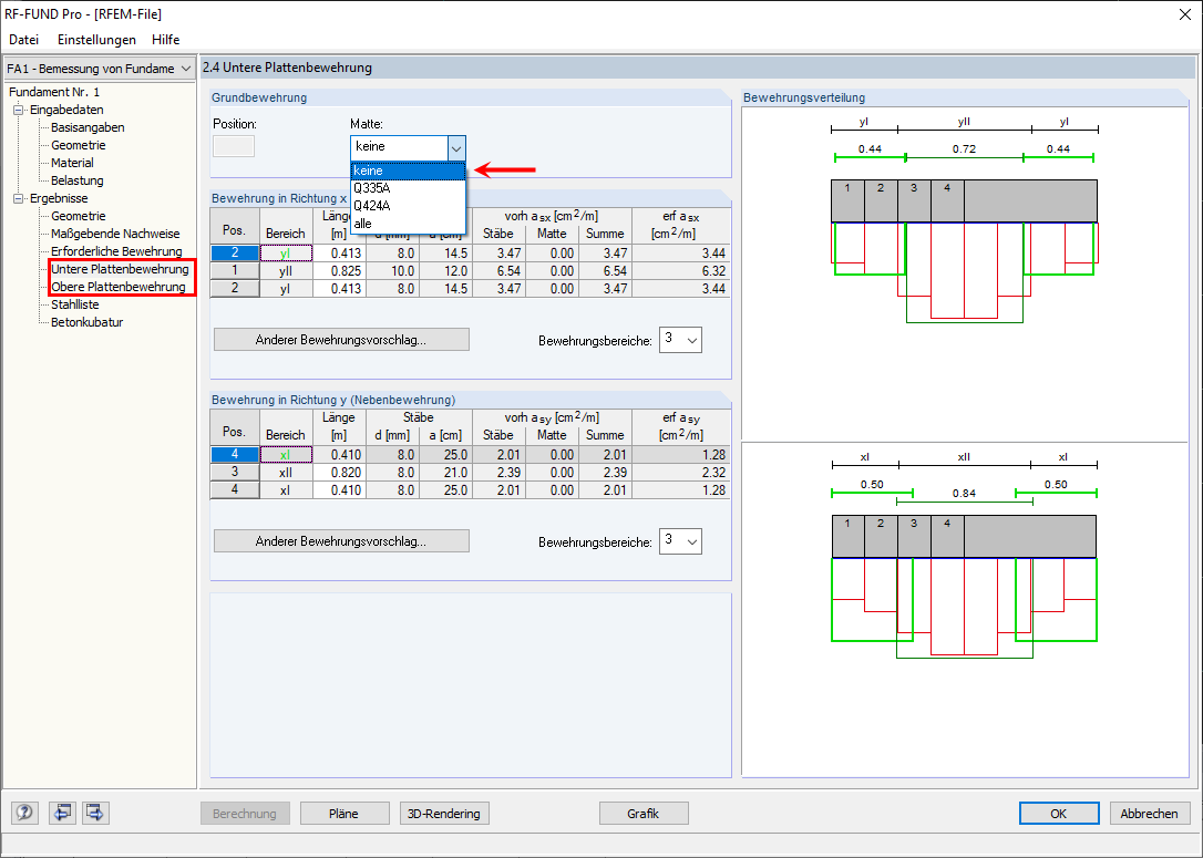 Ergebnisdialog 2.4 bzw. 2.5 mit optionaler Änderung des Bewehrungsvorschlags