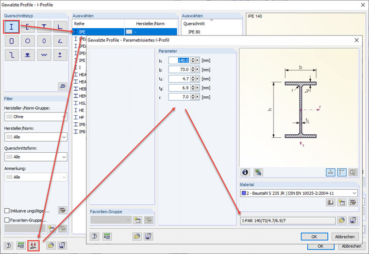 Eingabe eines parametrisierten Querschnittes
