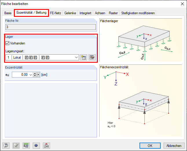 Dialog "Fläche bearbeiten" mit Definition der Lagerung