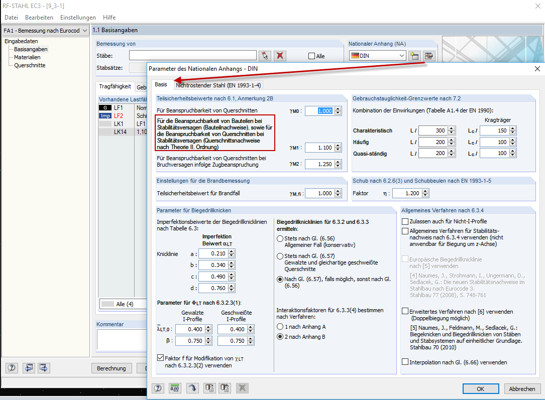 Detaileinstellungen des nationalen Anhangs (NA)