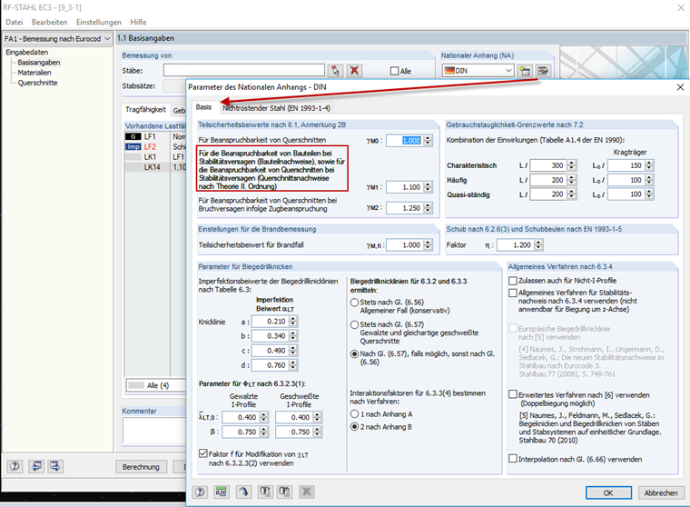 Detaileinstellungen des nationalen Anhangs (NA)