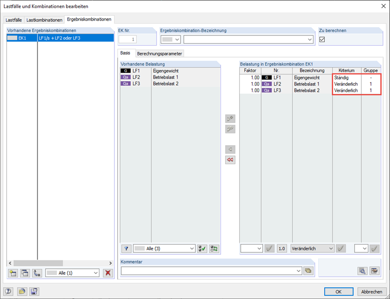 Definition der Ergebniskombination