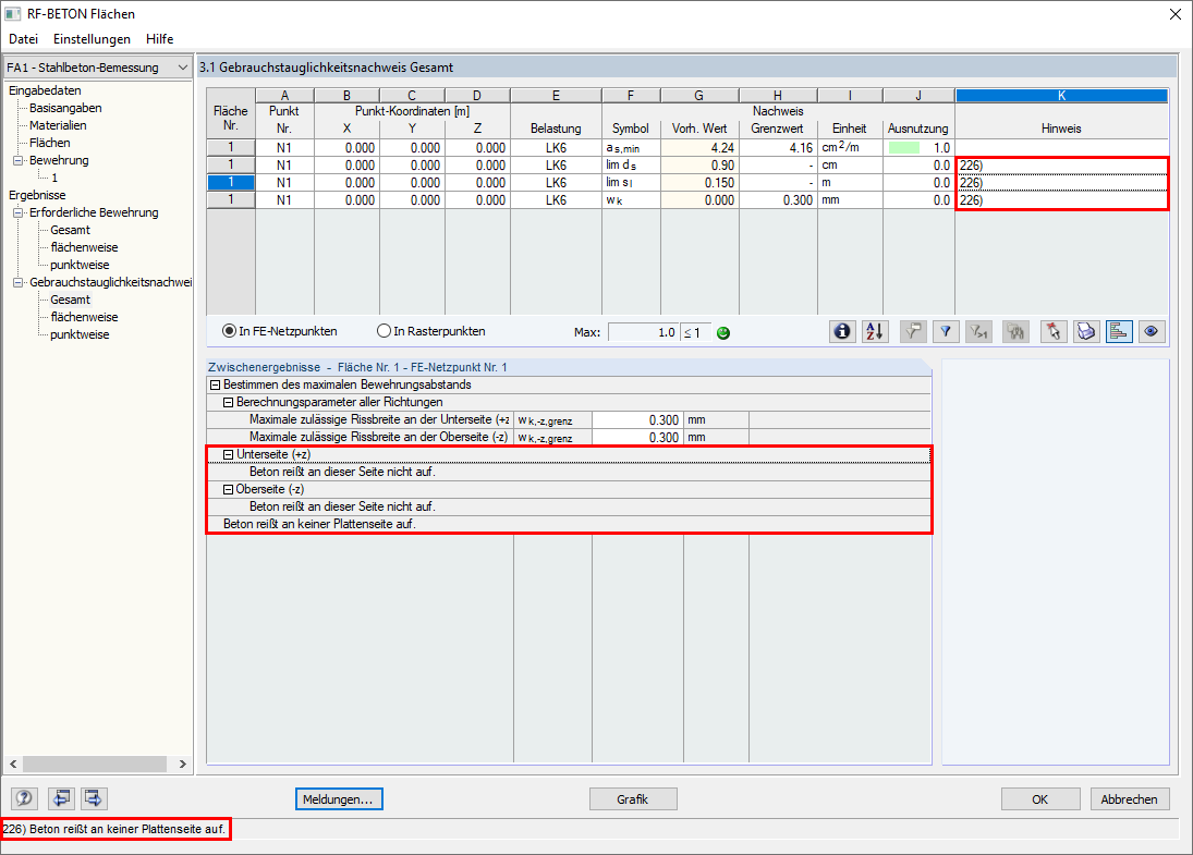 Meldung Nr. 226 in den Ergebnisdialogen in RF-BETON Flächen
