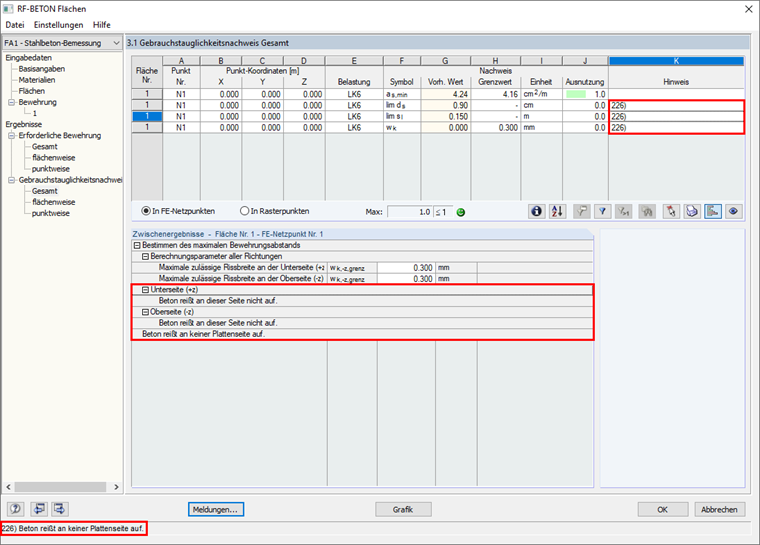 Meldung Nr. 226 in den Ergebnisdialogen in RF-BETON Flächen
