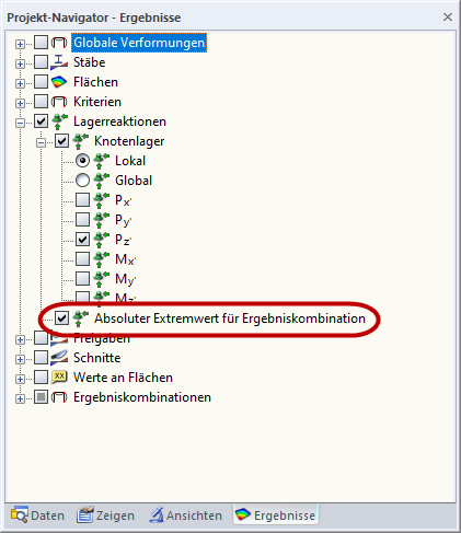 Ergebnisnavigator für Lagerreaktionen