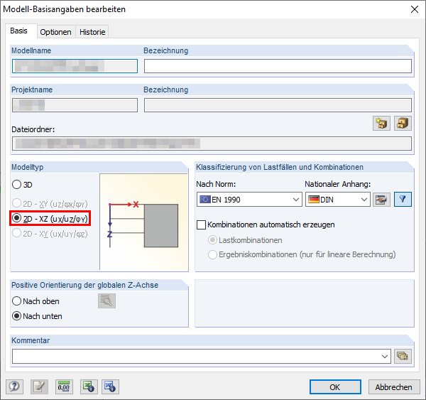 Dialog mit den Modell-Basisangaben und der Einstellung des Modelltyps