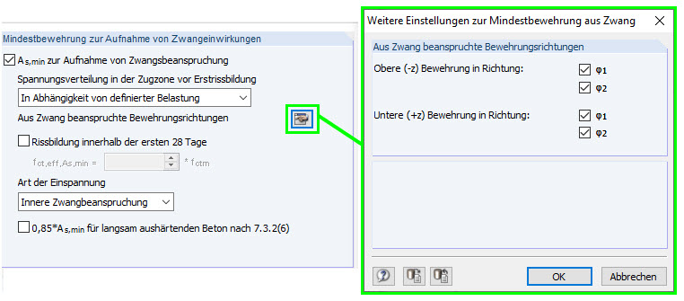 Auswahl zur aus Zwang beanspruchten Bewehrungsrichtung