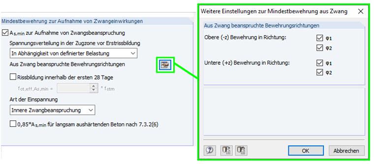Auswahl zur aus Zwang beanspruchten Bewehrungsrichtung