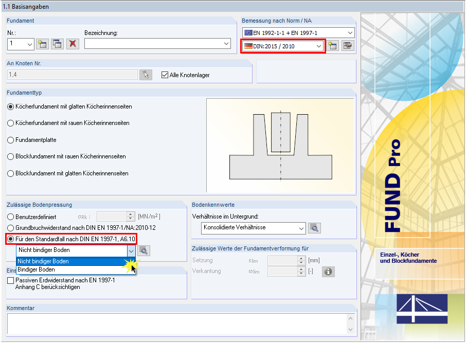 Eingabedialog 1.1 - Basisangaben in RF-/FUND Pro