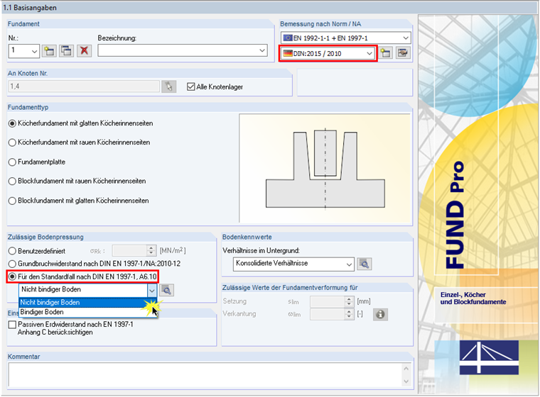 Eingabedialog 1.1 - Basisangaben in RF-/FUND Pro