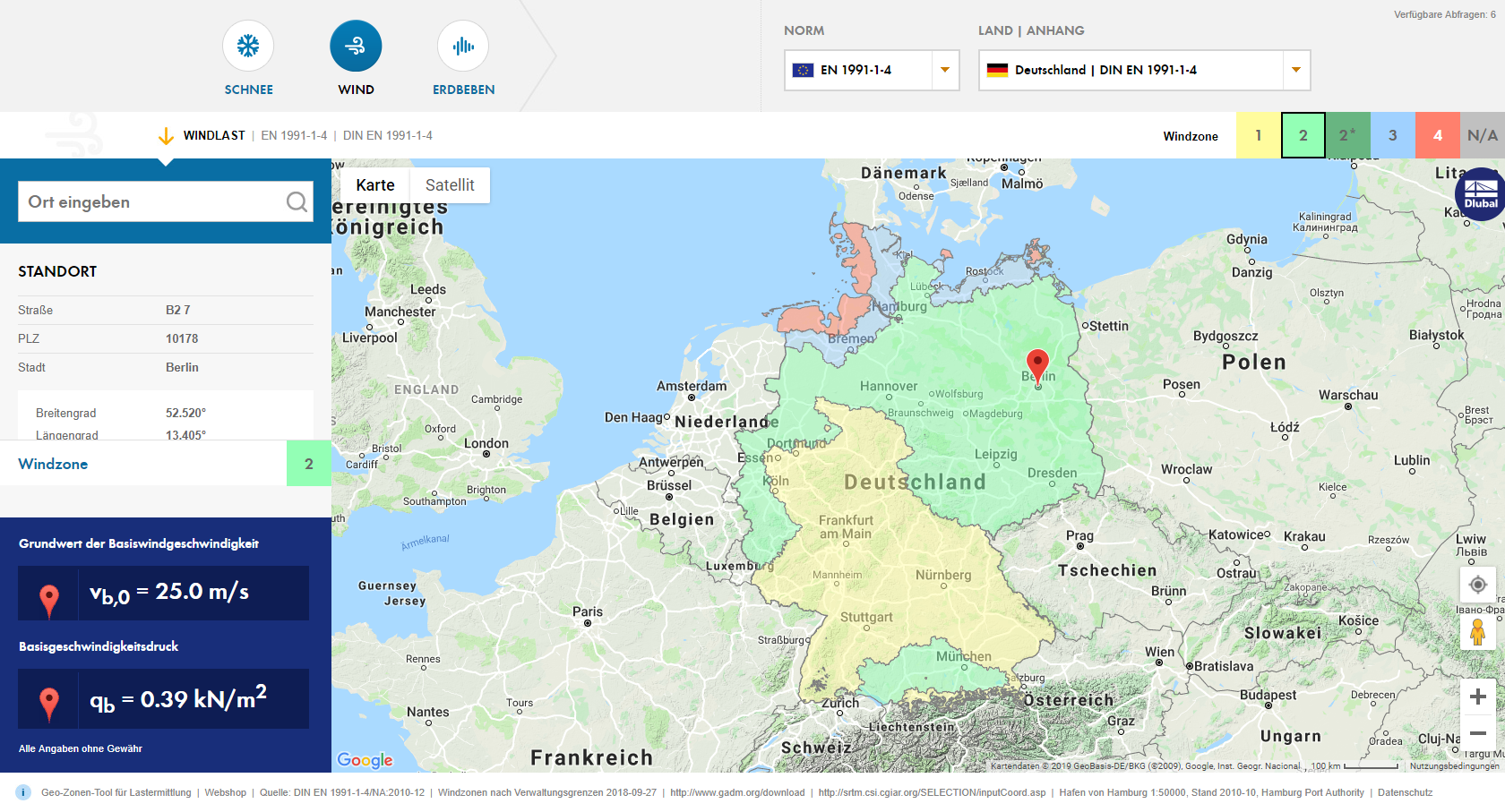 Online-Service "Schneelastzonen, Windzonen und Erdbebenzonen"
