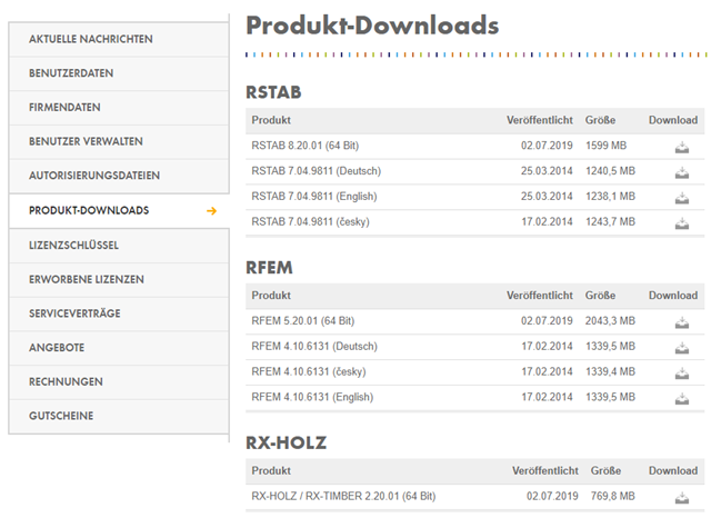 Produkt-Downloads im Dlubal-Konto