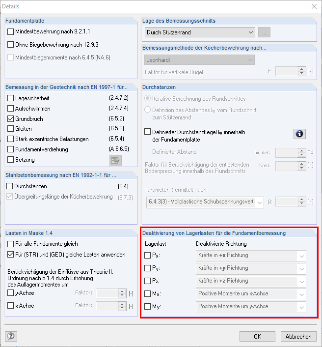 Deaktivieren von Lagerlasten für die Fundamentbemessung