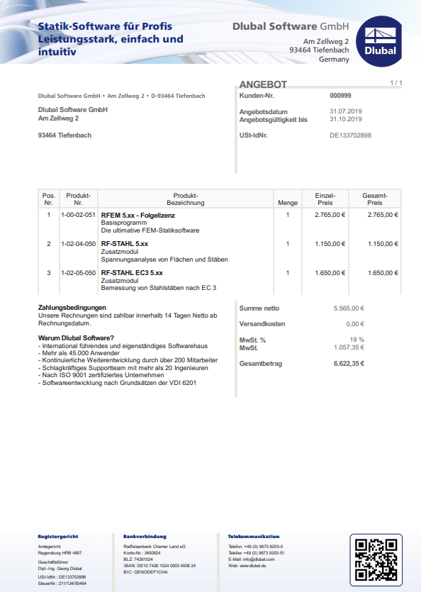 Beispiel für ein gespeichertes Angebot