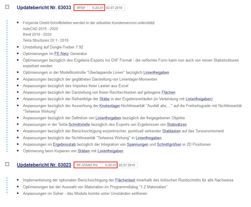 Beispiel eines Updateberichtes für RFEM und RF-STANZ Pro