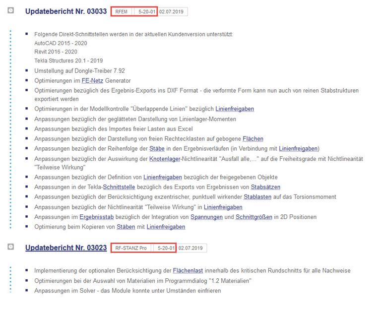 Beispiel eines Updateberichtes für RFEM und RF-STANZ Pro