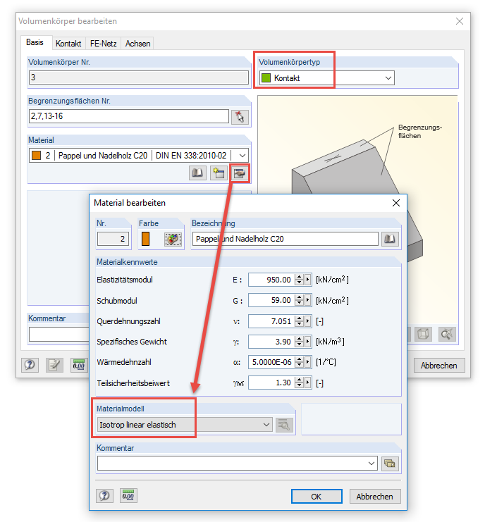 Materialmodell Volumenkörpertyp "Kontakt"