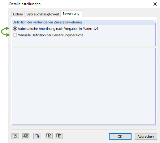 Detaileinstellungen zur Bewehrung