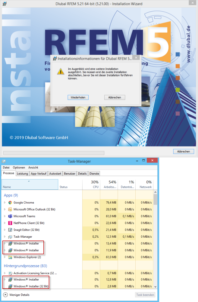 Meldung während der Installation