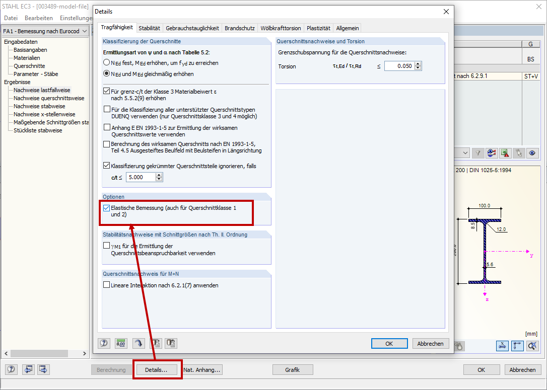 Option "Elastische Bemessung"