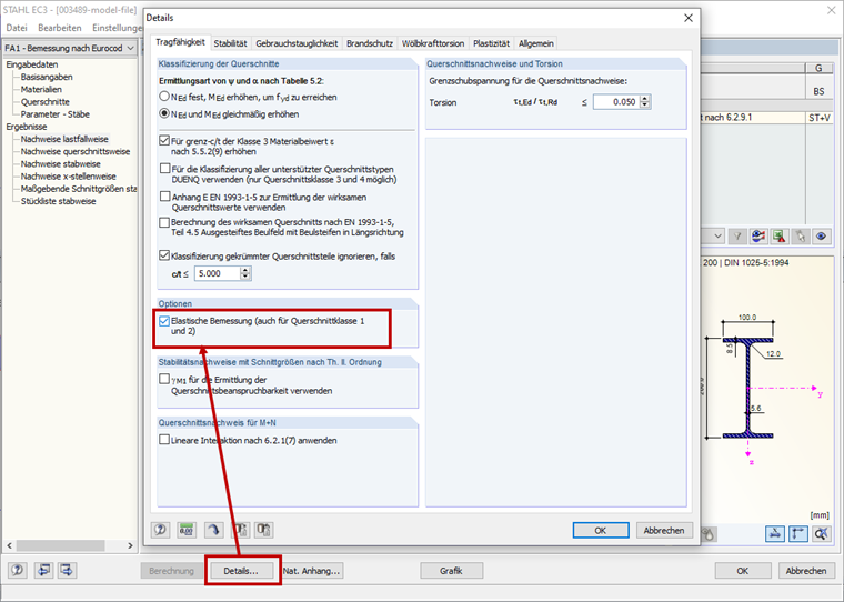 Option "Elastische Bemessung"