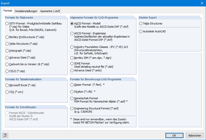 Export Schnittstellen in RFEM