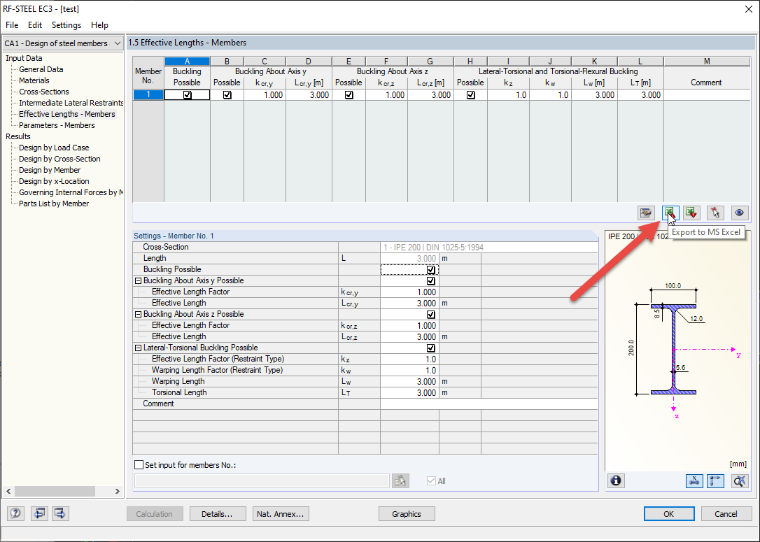 Ex-/Import der effektiven Längen im Modul STAHL EC3 nach/von EXCEL