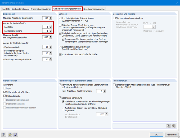 Globale Berechnungsparameter mit Definition der Laststufen
