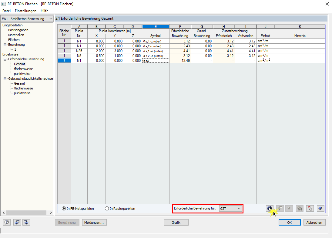 Öffnen der Bemessungsdetails für ein bestimmtes Ergebnis an einer bestimmten Stelle