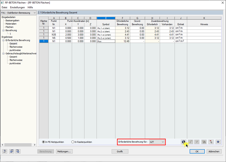 Öffnen der Bemessungsdetails für ein bestimmtes Ergebnis an einer bestimmten Stelle