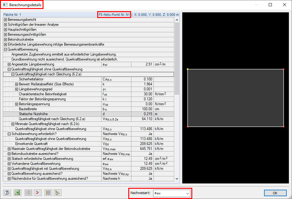 Bemessungsdetails für die ausgewählte Stelle