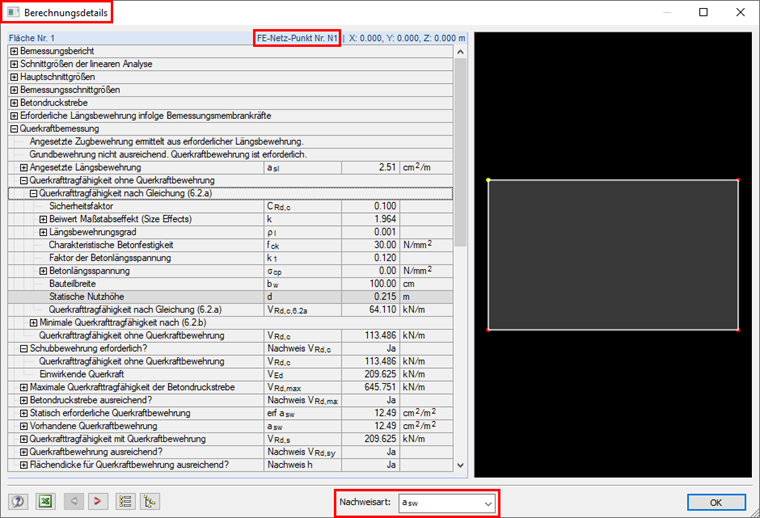 Bemessungsdetails für die ausgewählte Stelle