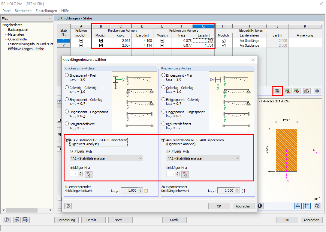 RF-/HOLZ Pro mit dem Dialog zum Import der ermittelten Knicklängen