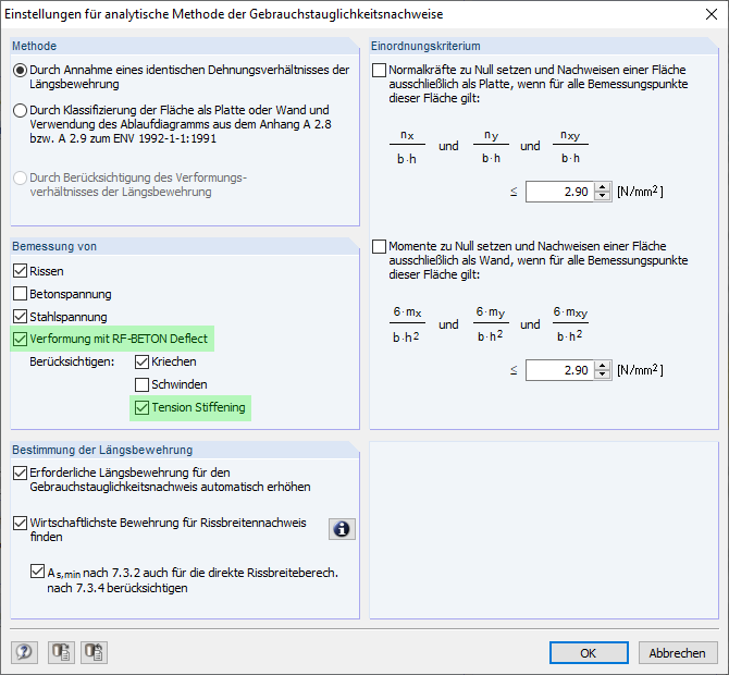 Dialog mit den Einstellungen für die analytische Berechnung der Gebrauchstauglichkeit