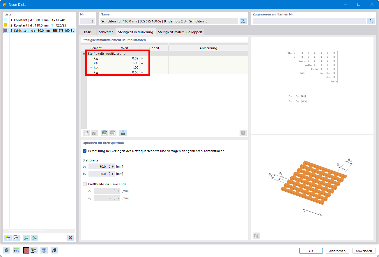 Steifigkeitsreduzierung im Add-On Mehrschichtige Flächen