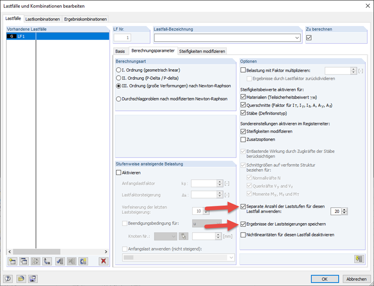Anzahl der Laststufen erhöhen und Zwischenergebnisse speichern