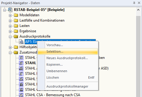 Aufruf der Ausdruckprotokoll-Selektion über das Kontextmenü