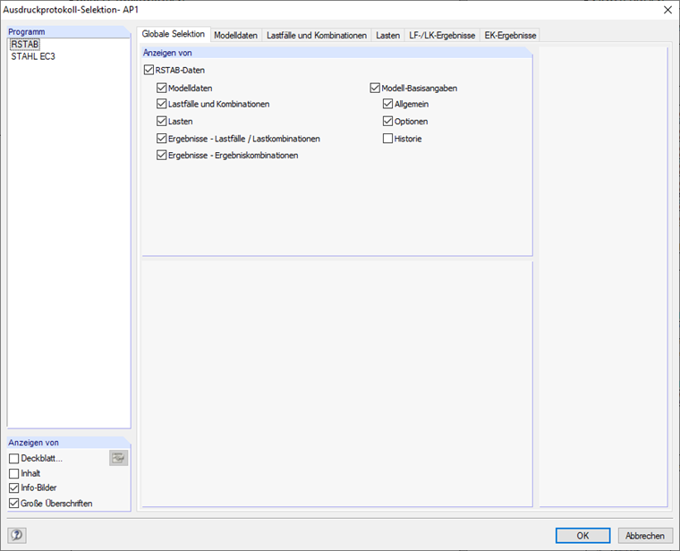 Dialog Ausdruckprotokoll-Selektion, Register Globale Selektion