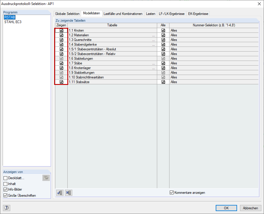 Dialog Ausdruckprotokoll-Selektion, Register Modelldaten