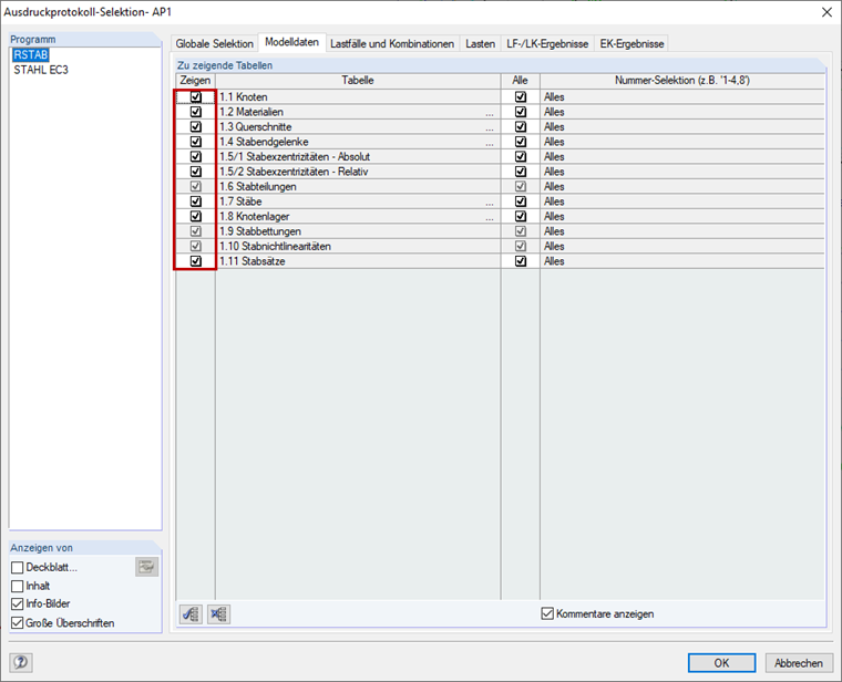 Dialog Ausdruckprotokoll-Selektion, Register Modelldaten