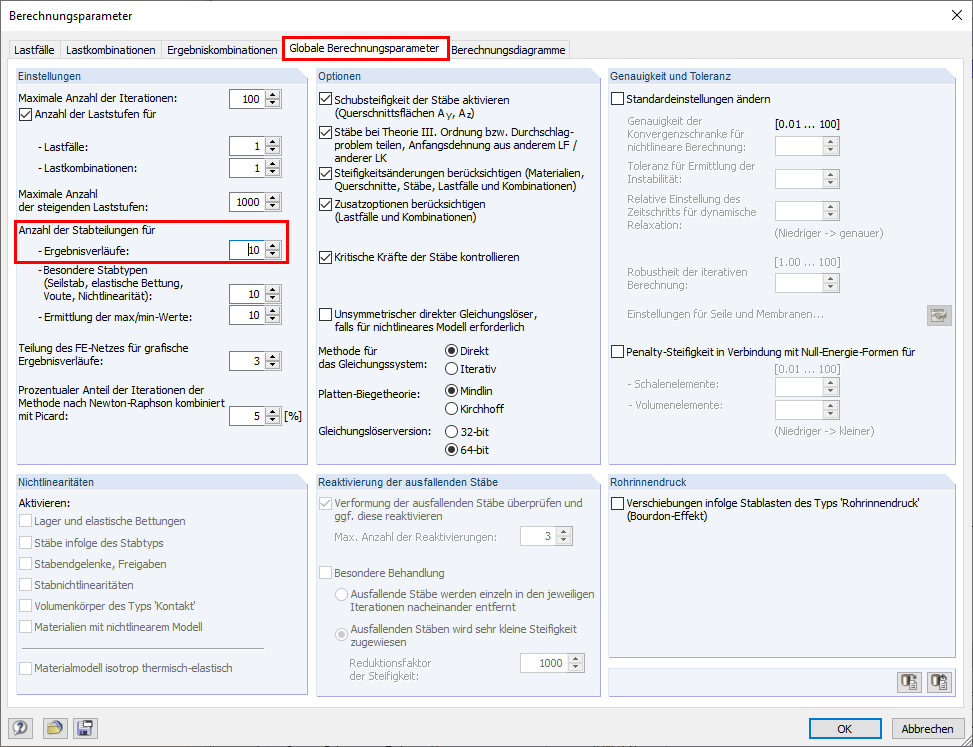 Standardeinstellung für die Anzahl der Stabteilungen in den globalen Berechnungsparametern