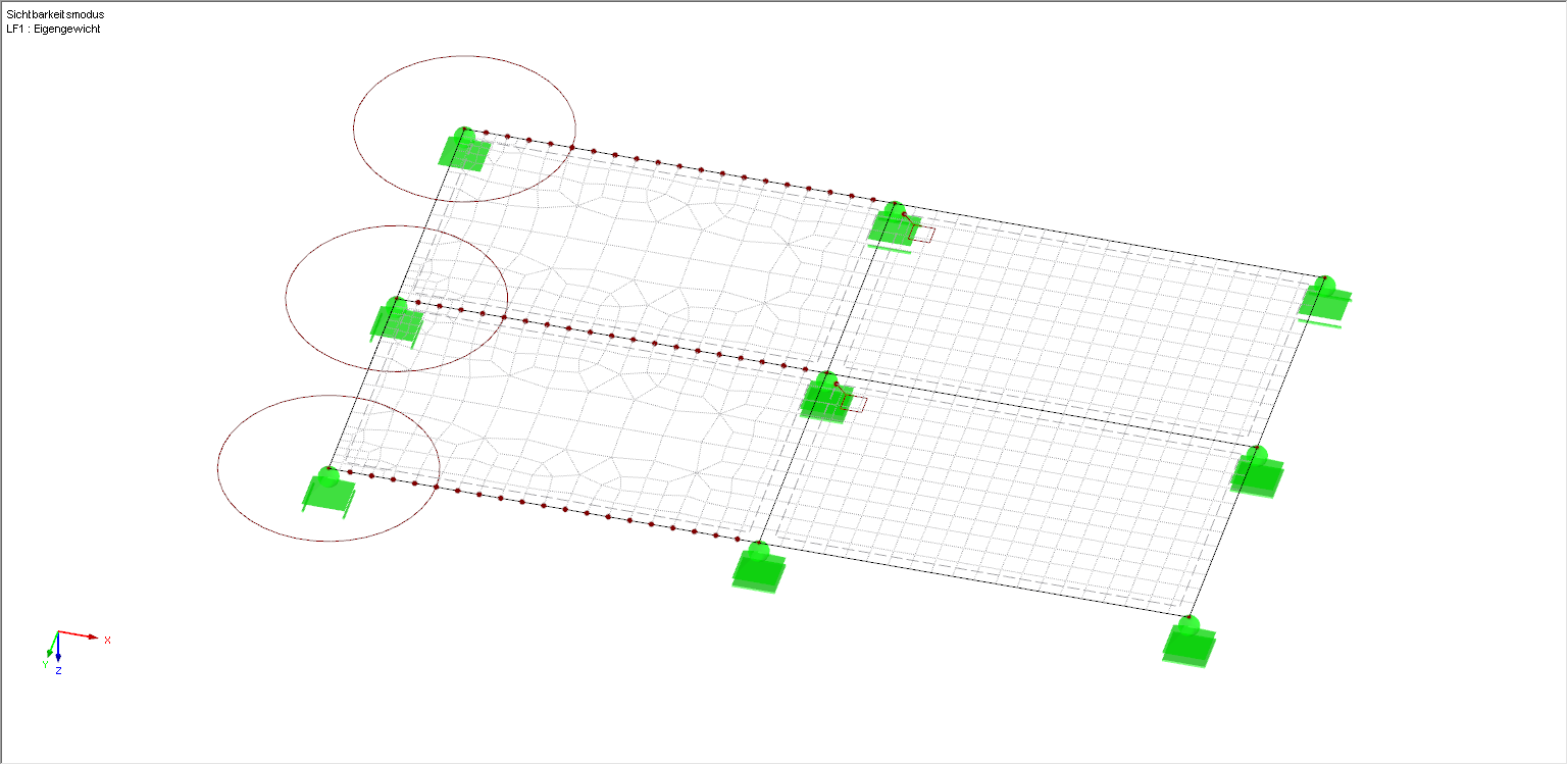 Flächenmodell mit FE-Netz-Verdichtungen an Knoten, Linien und Flächen